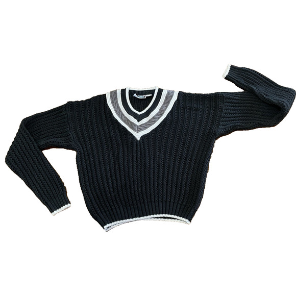 Vintage 80's Preppy Black Sweater Mens Knit Cricket Tennis Varsity Stripe Sz Sm - Picture 1 of 14